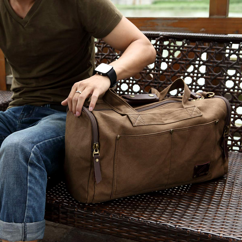 男士帆布短途旅行包歐美單肩手提行李袋小型帆布旅游包背包