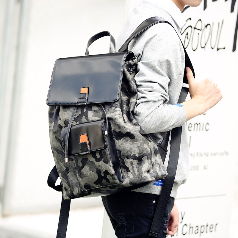 迷彩雙肩包男韓版皮質潮流翻蓋抽帶時尚背包學生書包男士旅行包
